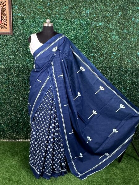 Blue Sanganeri Block Print Pure Jaipuri Cotton Saree