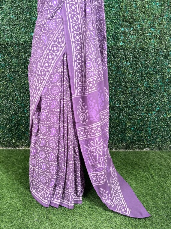 Purple Sanganeri Block Print Pure Jaipuri Cotton Saree