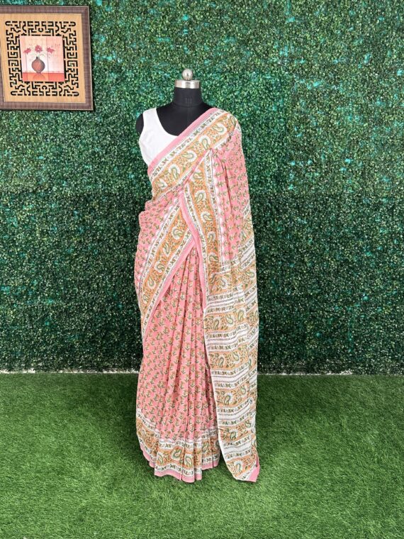 Pink Sanganeri Block Print Pure Jaipuri Cotton Saree