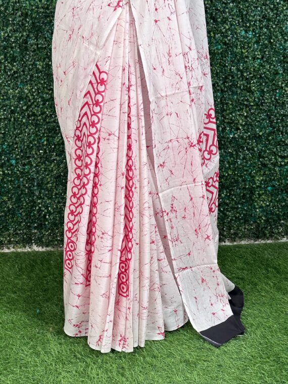 White-Pink Sanganeri Block Print Pure Jaipuri Cotton Saree