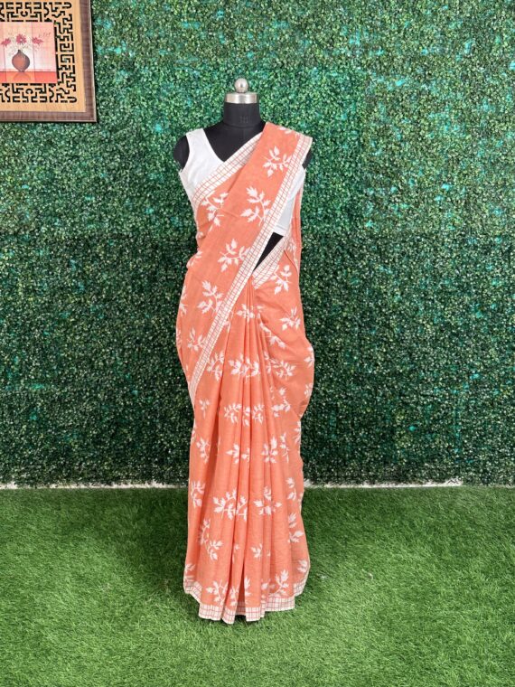 Peach Sanganeri Block Print Pure Jaipuri Cotton Saree