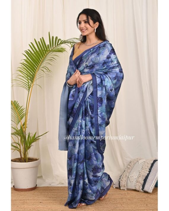 Blue Pure Satin Printed Saree