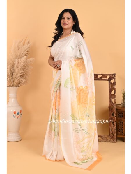 Off White-Yellow Printed Pure Silk Saree