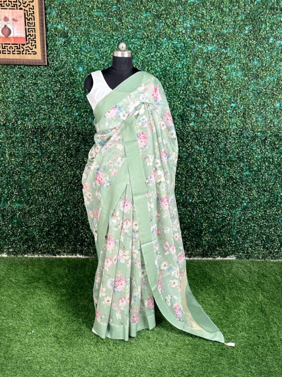 Green Floral Print Mul Chanderi Saree