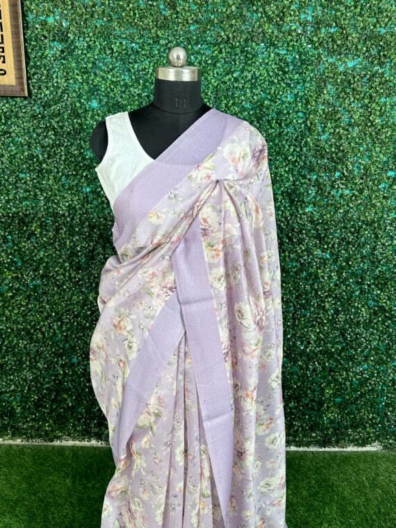Purple Floral Print Mul Chanderi Saree