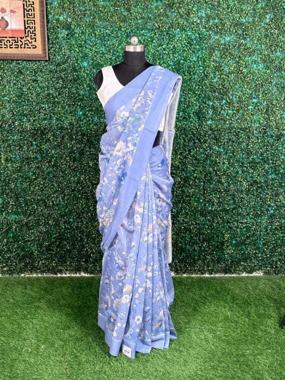 Blue Floral Print Mul Chanderi Saree