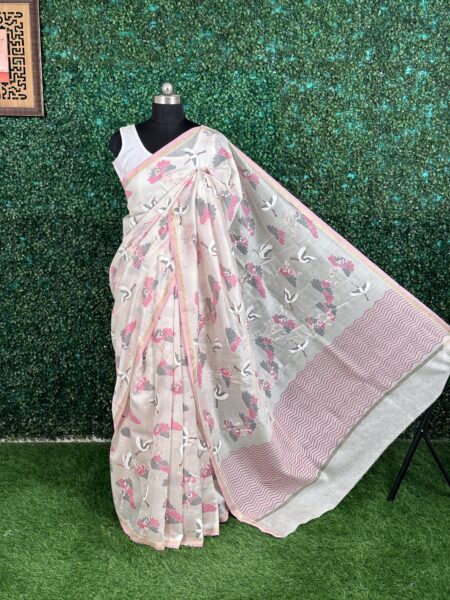 Off White-Pink Printed Chanderi Saree