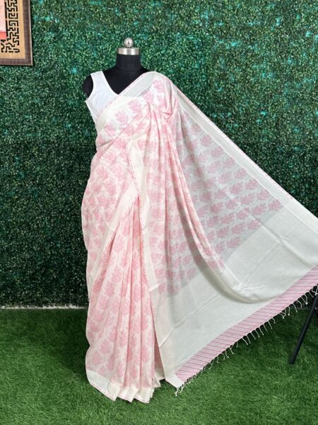 Off-White and Pink Mul Cotton Saree