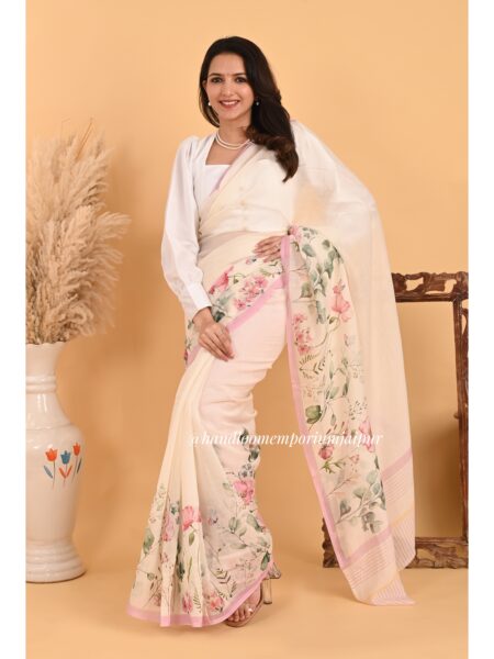 Off-White Floral Print Chanderi Saree
