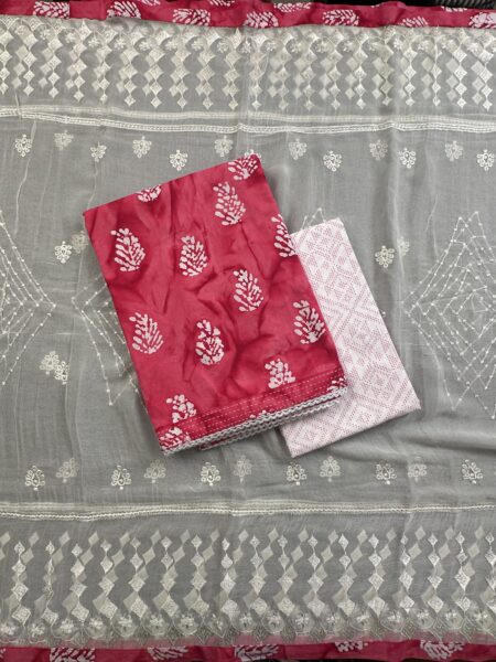 Pink-White Batik Print Jaipuri Cotton suit with Chiffon Dupatta