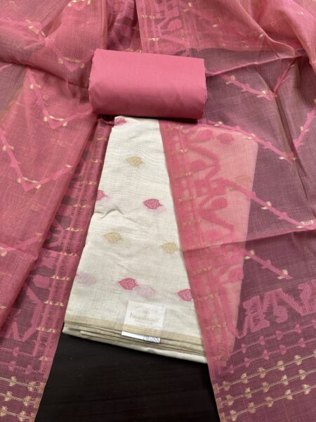 Off White and Pink Jacquard Handloom Cotton 3-Piece Suit
