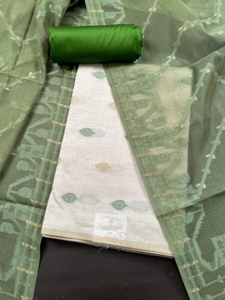 Cream and Green Jacquard Handloom Cotton 3-Piece Suit