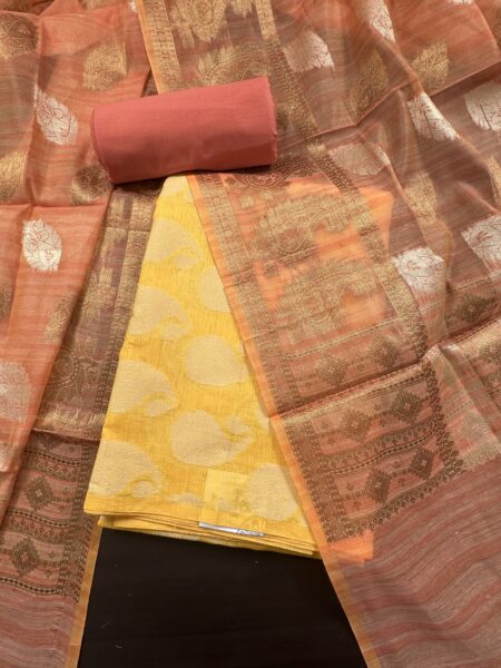 Yellow and Peach Jacquard Handloom Cotton 3-Piece Suit