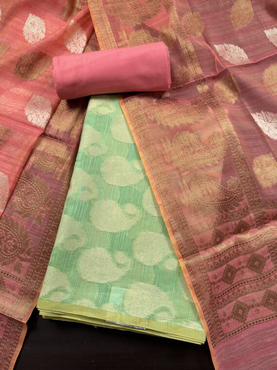 Parrot Green and Pink Jacquard Handloom Cotton 3-Piece Suit