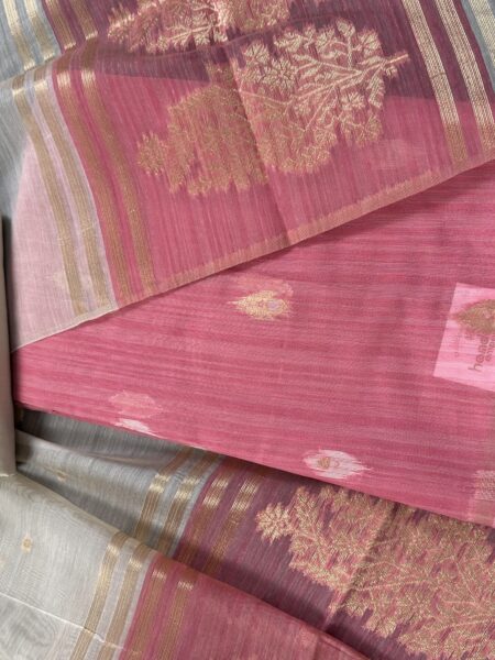 Pink and Cream Jacquard Handloom Cotton 3-Piece Suit
