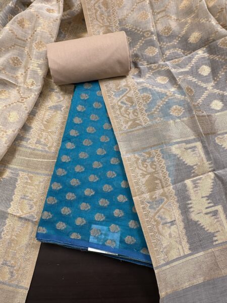 Teal Blue and Beige Jacquard Handloom Cotton 3-Piece Suit