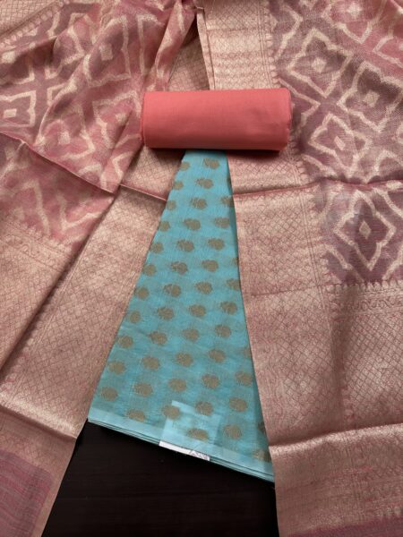 Sea Green and Pink Jacquard Handloom Cotton 3-Piece Suit