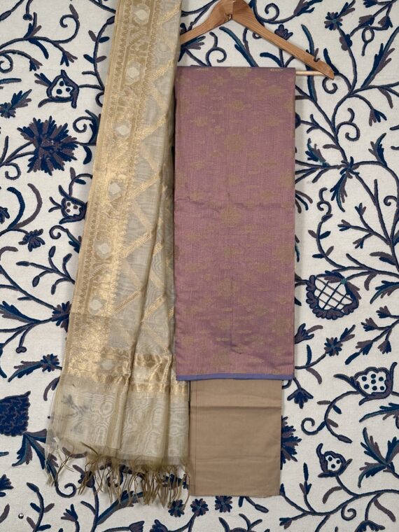Lilac and Beige Jacquard Handloom Cotton 3-Piece Suit