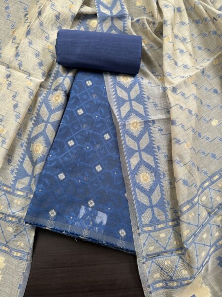 Navy Blue Jacquard Handloom Cotton 3-Piece Suit