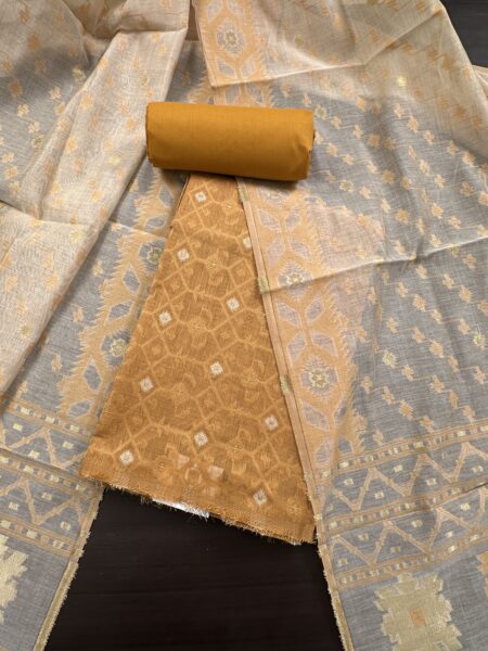 Mustard Jacquard Handloom Cotton 3-Piece Suit