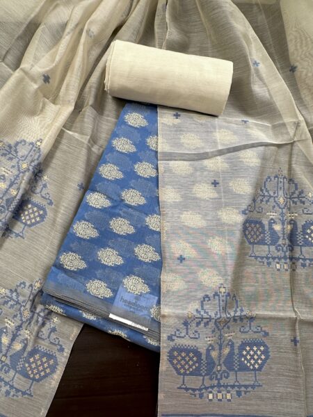 Blue and Cream Jacquard Handloom Cotton 3-Piece Suit