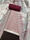 Off White and Maroon Jacquard Handloom Cotton 3-Piece Suit