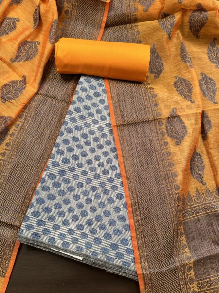 Blue and Mango Dobby Handloom Cotton 3-Piece Suit