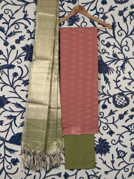Dusky Pink and Green Jacquard Handloom Cotton 3-Piece Suit