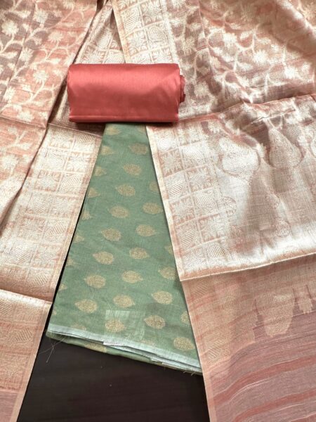Green and Pink Jacquard Handloom Cotton 3-Piece Suit
