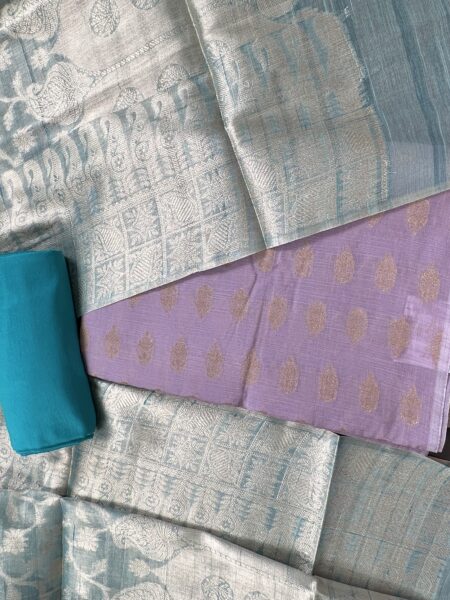 Mauve and Blue Jacquard Handloom Cotton 3-Piece Suit