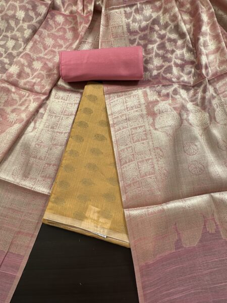 Yellow and Pink Jacquard Handloom Cotton 3-Piece Suit