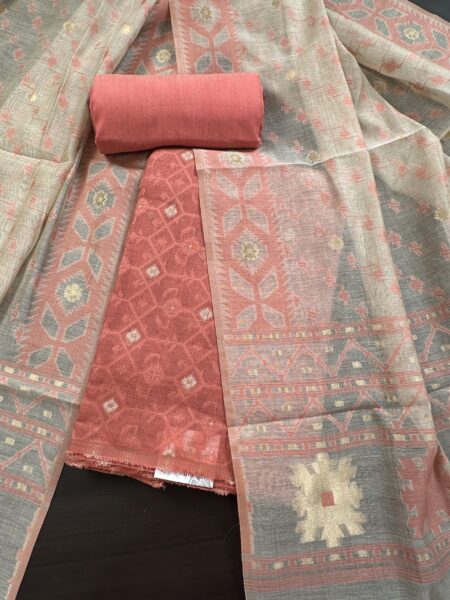 Pink Jacquard Handloom Cotton 3-Piece Suit