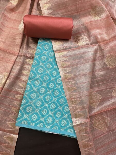 Rama Green and Peach Jacquard Handloom Cotton 3-Piece Suit