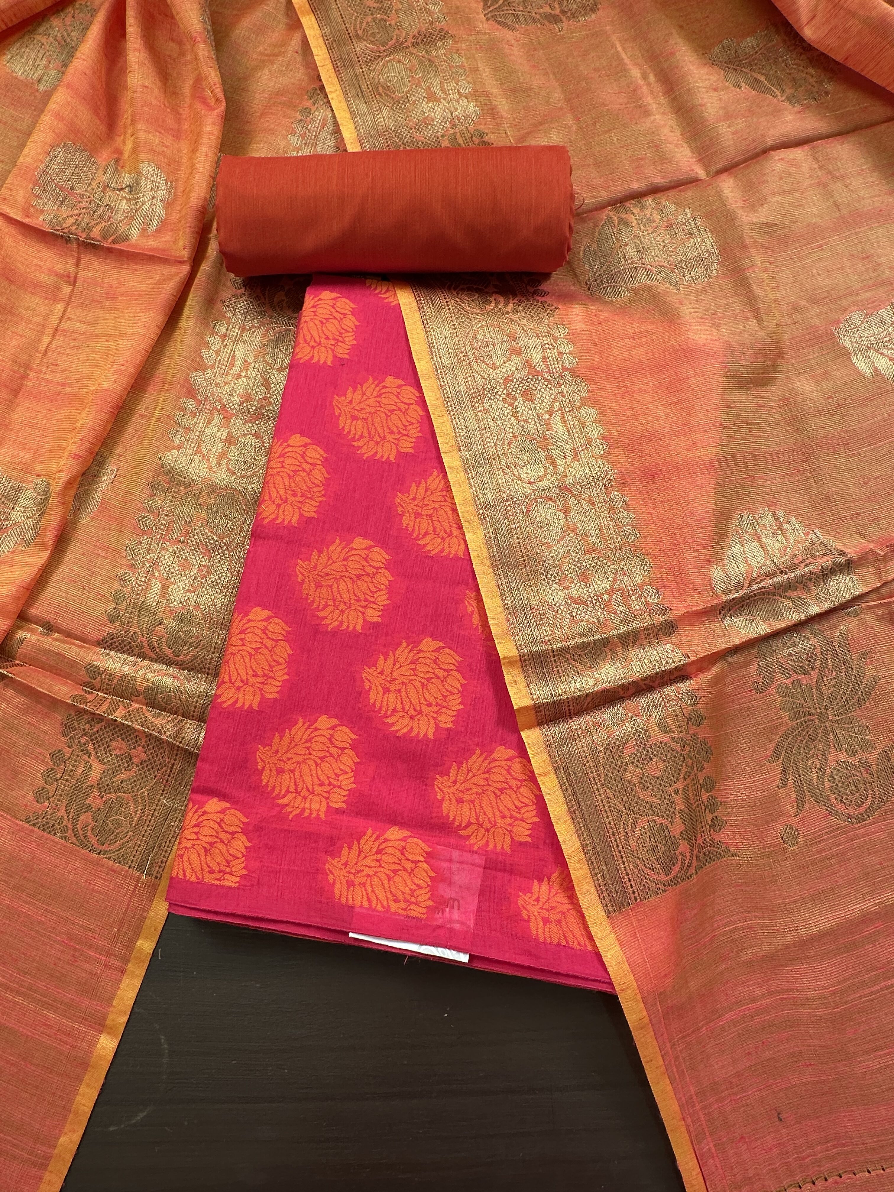 Rani Pink Jacquard Handloom Cotton 3-Piece Suit
