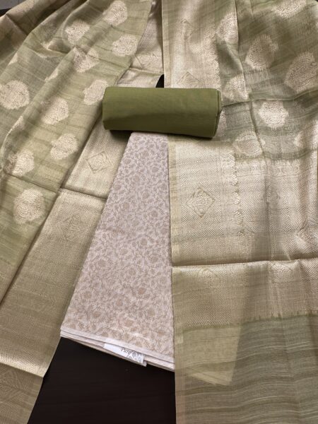Off White and Mehandi Green Jacquard Handloom Cotton 3-Piece Suit