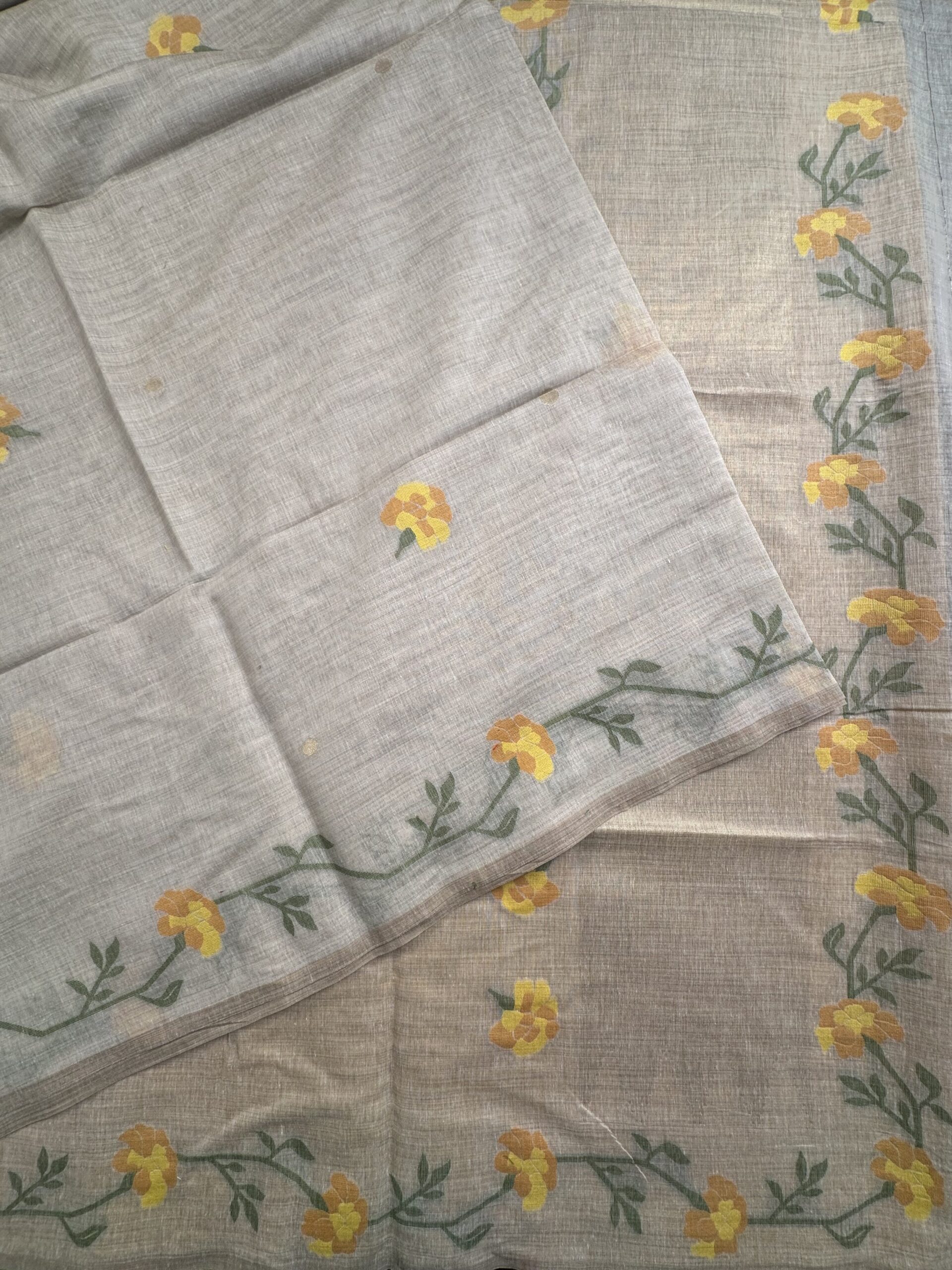 Beige and Yellow Floral Fancy Cotton Saree