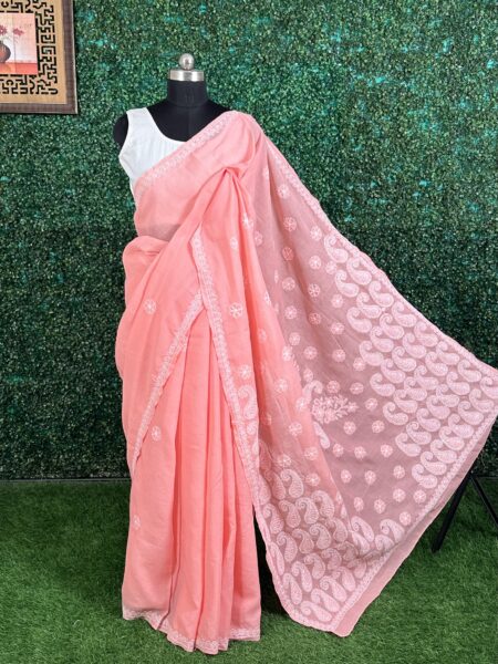 Coral Pink Lucknowi Chikankari Cotton Saree