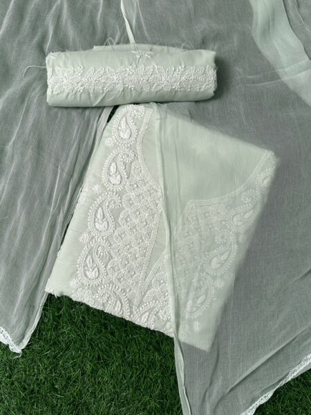 Pastel Green Lucknowi Chikankari Cotton 3-Piece Unstitched Suit