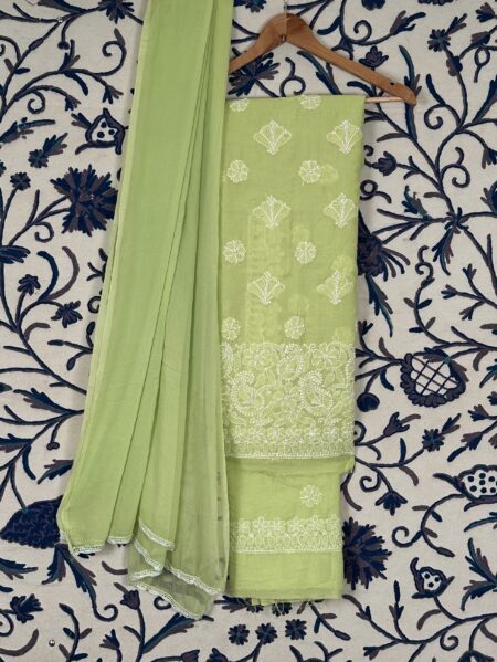 Green Lucknowi Chikankari Cotton 3-Piece Unstitched Suit