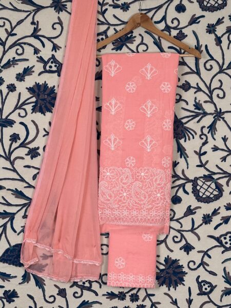 Coral Pink Lucknowi Chikankari Cotton 3-Piece Unstitched Suit