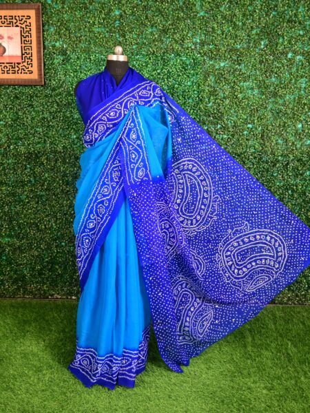 Royal Blue-Blue Bandhej Pure Chinon Saree with Mukaish Work