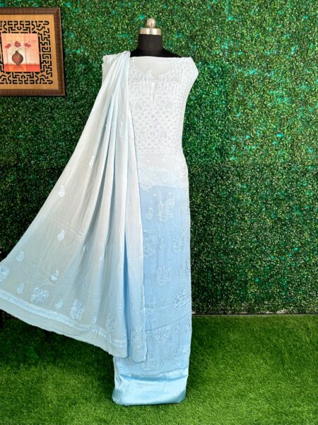 Shaded Ice Blue Chikankari Blended Georgette 4 Piece Suit