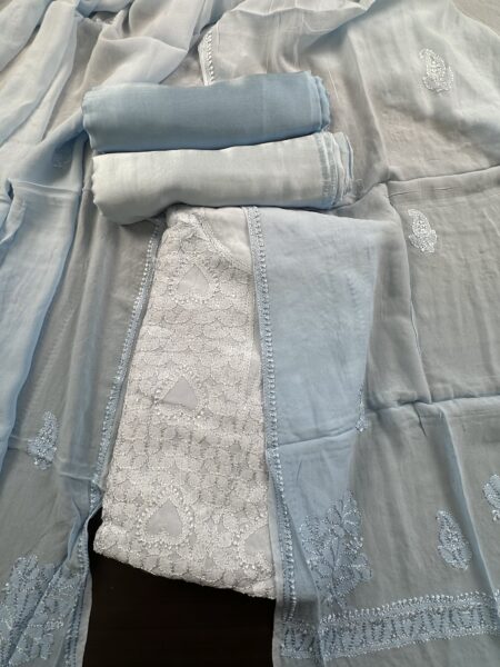Shaded Ice Blue Chikankari Blended Georgette 4 Piece Suit