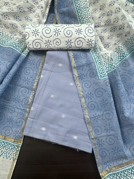 Blue South Cotton Suit with Block Print Dupatta
