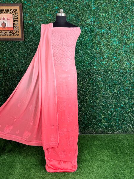 Shaded Coral Lucknowi Chikankari Blended Georgette 4 Piece Suit