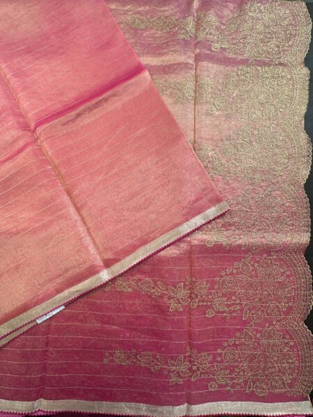 Coral Pink Striped Tissue Silk Saree