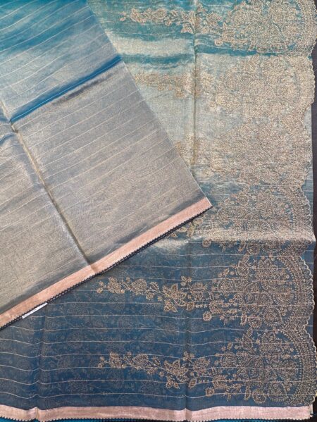 Glacier Blue-Green Striped Tissue Silk Saree