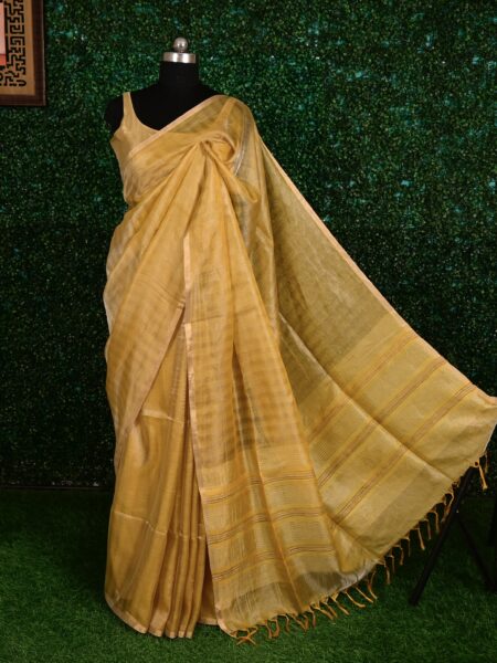 Golden Yellow Striped Tissue Silk Saree