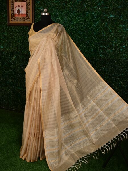 Golden Beige Striped Tissue Silk Saree